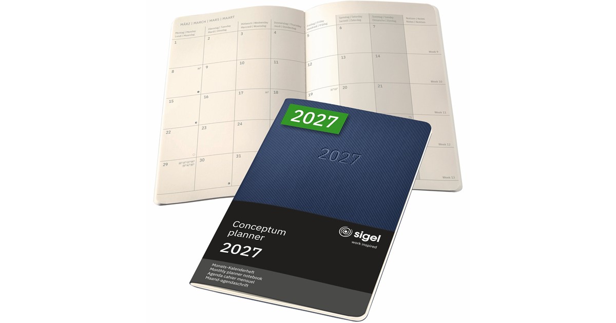 Calendrier de bureau Conceptum 2027, env. A5 paysage, couverture rigide, noir | SIGEL Calendrier de bureau Conceptum 2027, env. A5 paysage, couverture rigide, noir | SIGEL