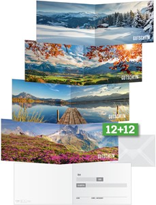 SIGEL Gutschein-Karten Mountain landscapes by seasons, A6, 12 Karten inkl. transparente Umschläge