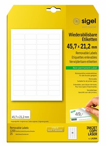 SIGEL Wiederablösbare Etiketten, weiß, 45,7x21,2 mm, 25 Bögen