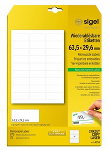 SIGEL Wiederablösbare Etiketten, weiß, 63,5x29,6 mm, 25 Bögen