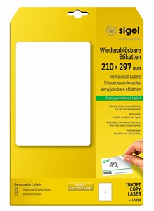 SIGEL Wiederablösbare Etiketten, weiß, 210x297 mm,  25 Bögen