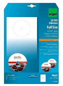 SIGEL CD-/DVD-Etiketten, weiß, FullSize, Ø 117 mm, 25 Bögen