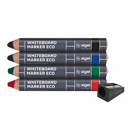 SIGEL Board-Marker ECO, schwarz/blau/grün/rot, kegelförmig, 1-5 mm, abwischbar, 4 Stück mit Spitzer