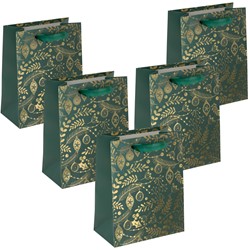 SIGEL Geschenktasche klein, Golden ornaments on green, grün/gold, Format 18 x 23 cm, 5er Pack