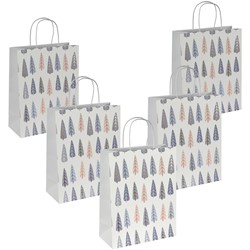 SIGEL Geschenktasche groß, Pine trees, weiß/blau/gold, Format 26 x 33 cm 5er Pack